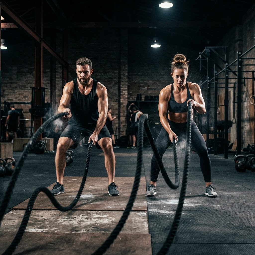 A man and woman training with battle ropes in a gym