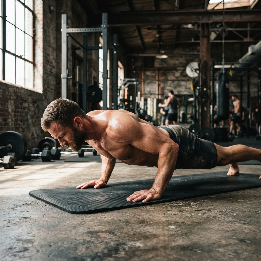 A man doing push-ups in a gym